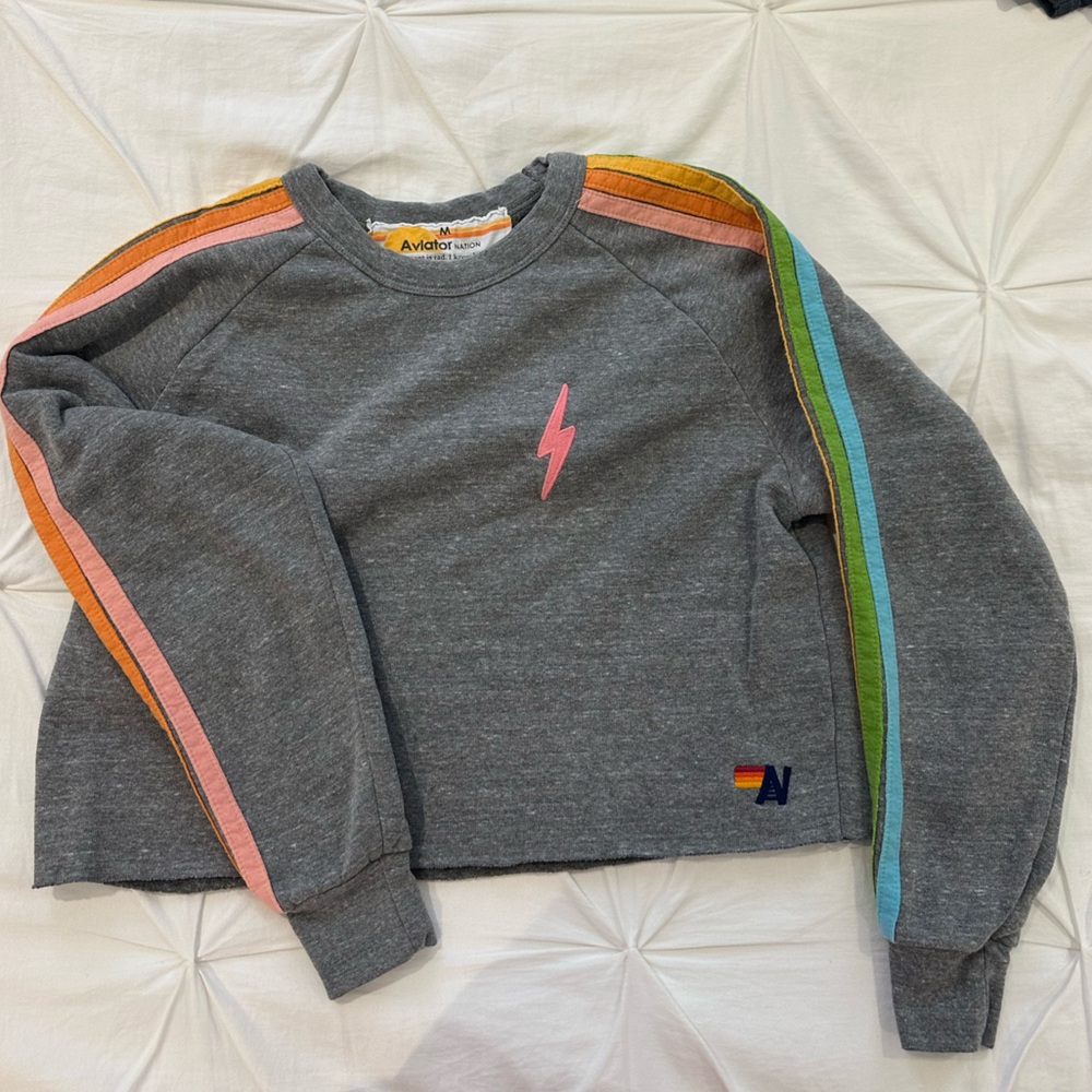 Aviator Nation Rainbow Stripe Gray Cropped Crew Sweatshirt